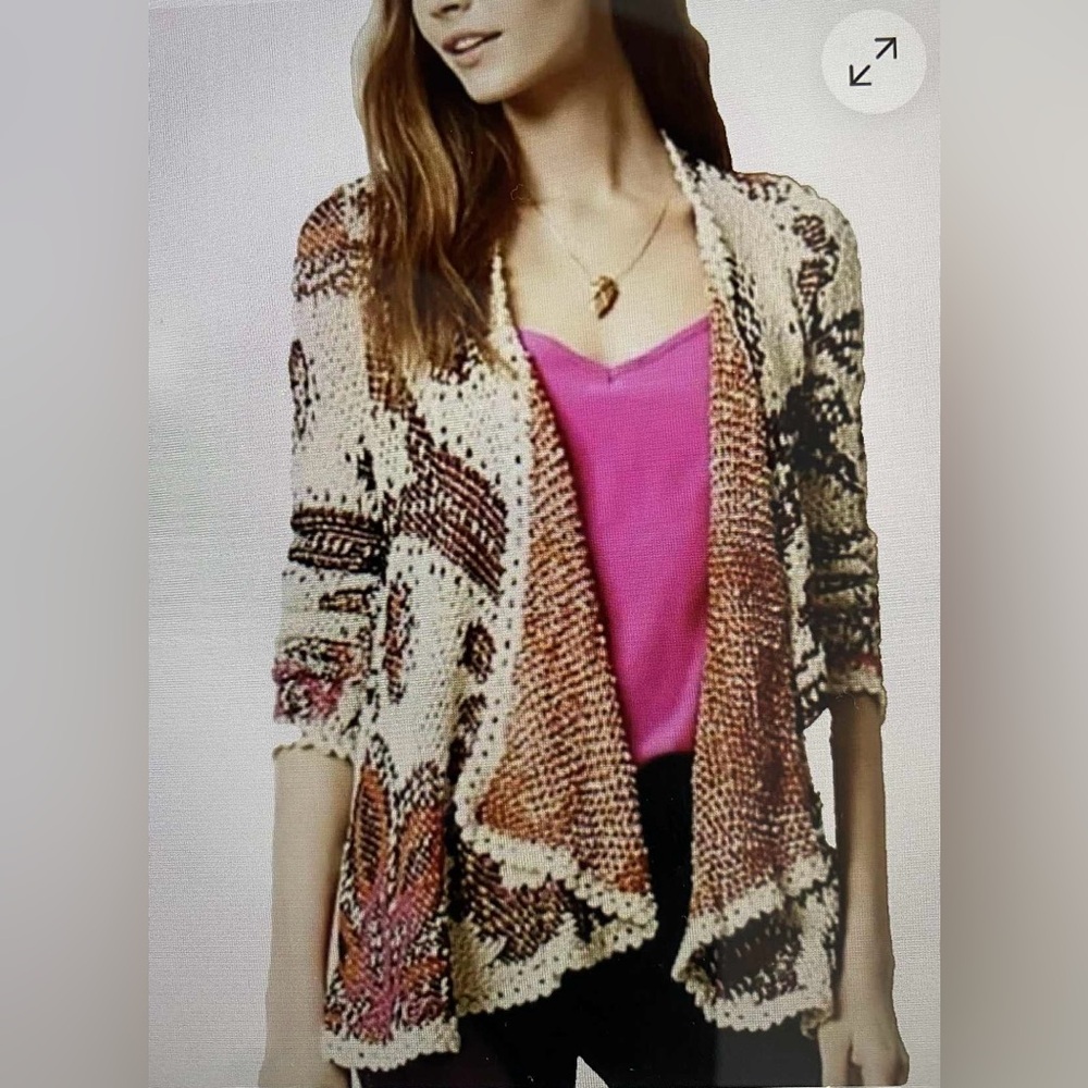 ANA Couture Crochet Tulip open front geometric cardigan Pom Pom belt Size Large